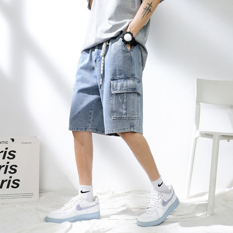 Denim shorts men's 2025 summer new light colored personalized hanging rope loose casual denim five quarter pants men's pants