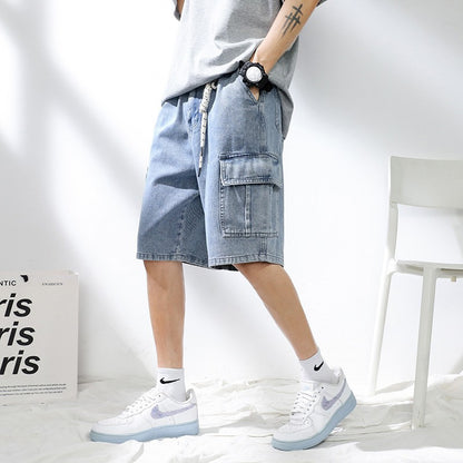 Denim shorts men's 2025 summer new light colored personalized hanging rope loose casual denim five quarter pants men's pants