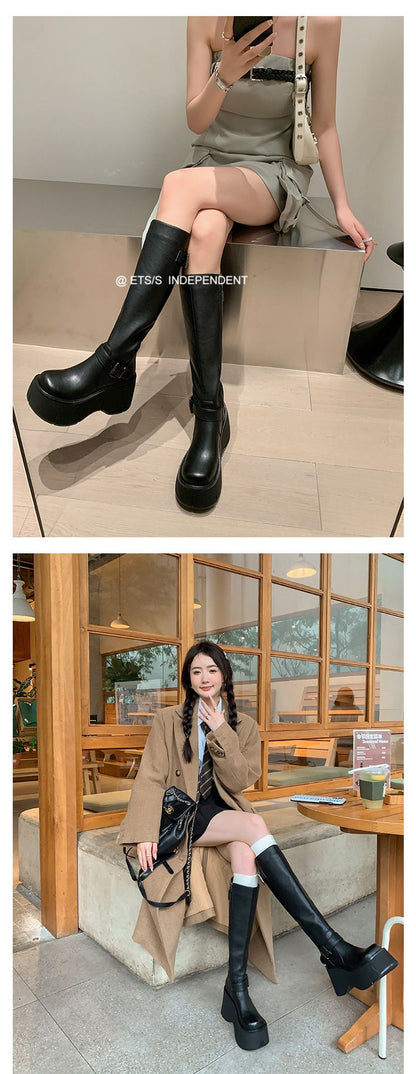 2024 Women's Shoes Basic Women's Boots Classics Knee-High Boots Women Belt Buckle Side Zip Round Toe Wedge Platform Shoes Ladies