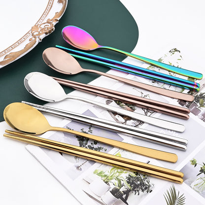 Drmfiy Western 6Set Black Dinnerware 304 Stainless Steel Tableware Long Handle Spoons Chopsticks Metal Korean Silverware Set