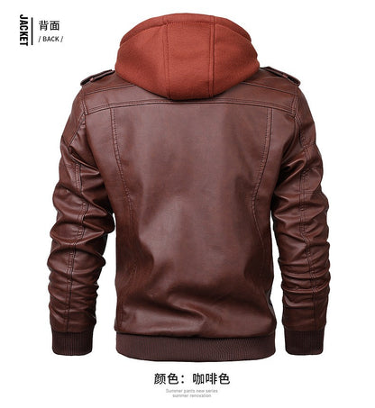 Men's Autumn Winter Casual PU Leather Hooded Zipper Warm Jackets Male Motorcycle Jacket Military Windbreaker Outdoor Coats