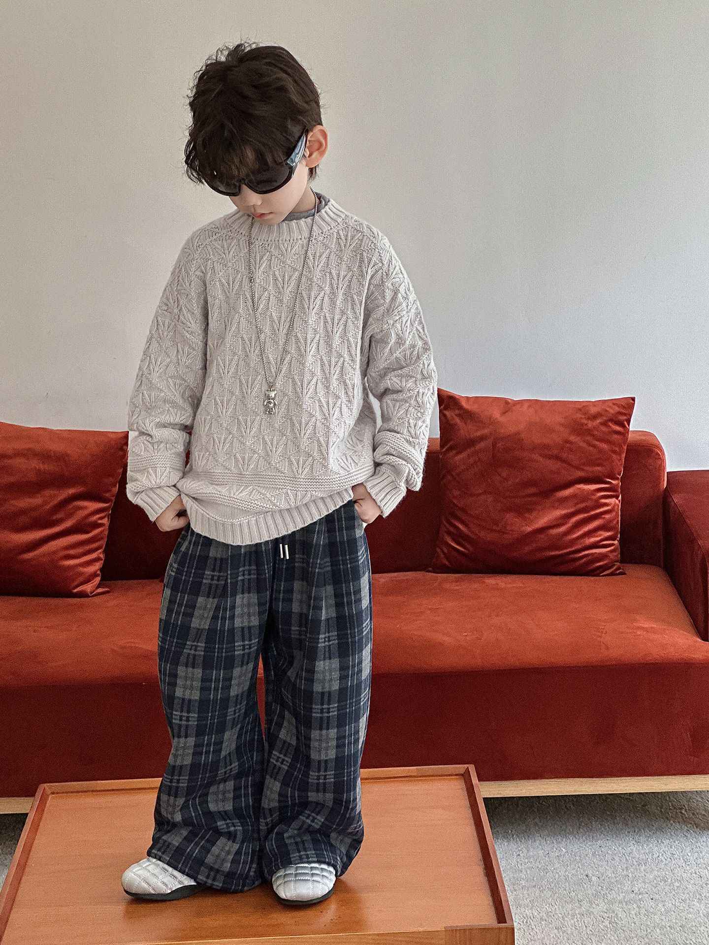 2025 Autumn Winter Cotton Boys Casual Pants Children Fleece-Lined Kids Plaid Loose Long Trouser Soft Warm 3-12 Years Outfit