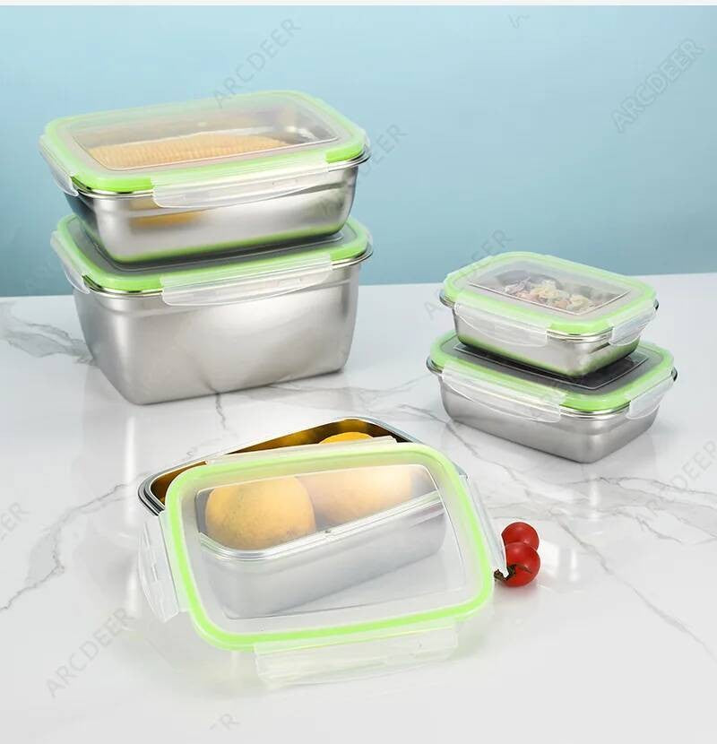 Organizadores de Alimentos de Cozinha em Aço Inoxidável com Tampas, Caixa de Armazenamento Refrigerada, Lancheiras Herméticas Anti-Vazamento
