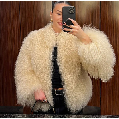 Fashion Solid Plush Faux Fur Coat Women Elegant Warm Long Sleeves Loose Jacket 2025 Lady Winter Chic High Street Outerwear ?