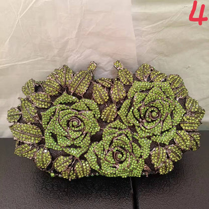 Golden Silver Luxury Crystals Evening Bags Fashion Rose Flower Diamonds Clutch Bags Soiree Purse Women Wedding Bride Handbags