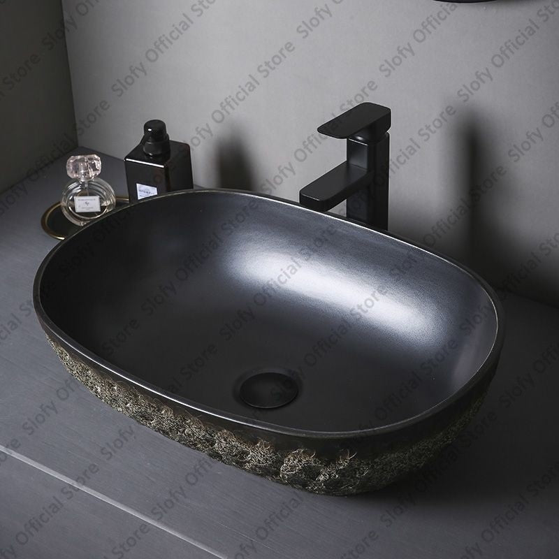 Vintage Style Ceramic Washbasin Black Artistic Hotel Family Bathroom Sink Basins Large Oval Balcony Garden Outdoor Washing Basin