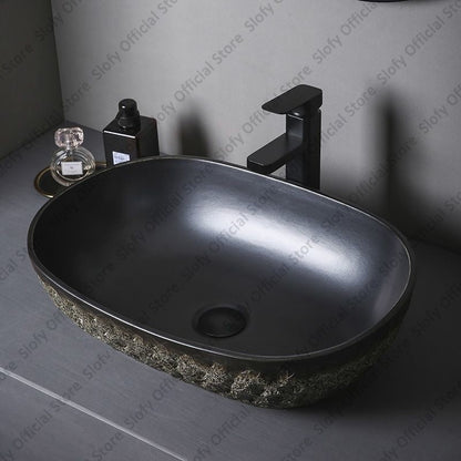 Vintage Style Ceramic Washbasin Black Artistic Hotel Family Bathroom Sink Basins Large Oval Balcony Garden Outdoor Washing Basin