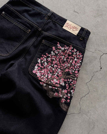 Calça Jeans Y2k Retrô Masculina Casual Larga Reta Wide Leg de Alta Qualidade Streetwear Hiphop com Bordado de Flor de Cerejeira na Bainha