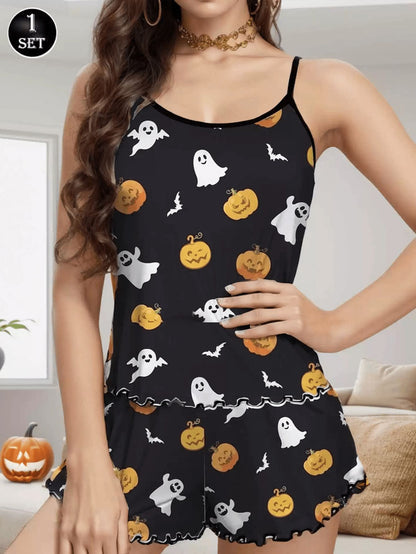 Halloween Pumpkin & Ghost Print Camisole Top And Shorts two piece sets