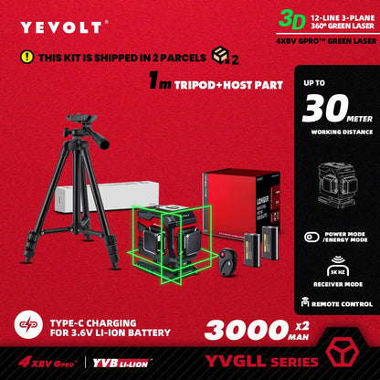 Nível a Laser Verde YEVOLT Série YVGLL4XS12T 3 Planos 12 Linhas Autonivelante 360 3D Horizontal & Vertical Ferramentas de Medição de Energia