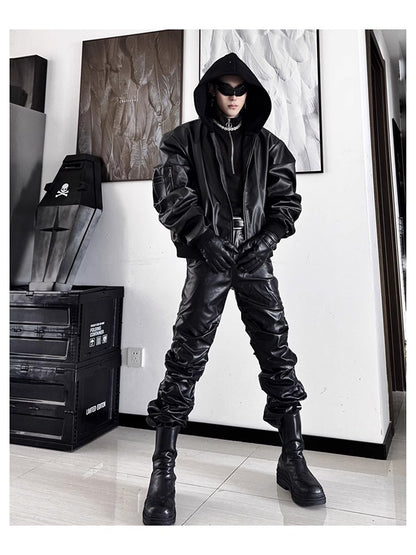 Mauroicardi Spring Autumn Cool Long Ruched Soft Black Pu Leather Stacked Pants for Men Luxury Designer Cyberpunk Rock Clothes