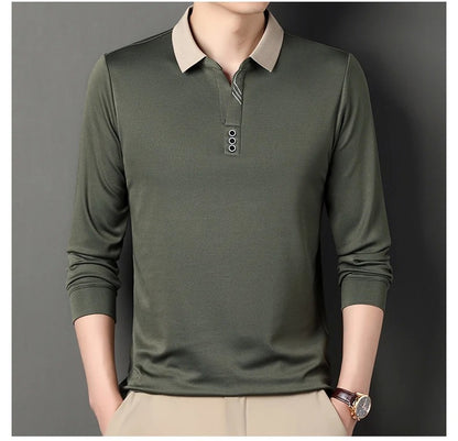 New Men's Long-sleeved Polo Shirt Sweatwear Business Casual Top Fashion Classic Solid Color Male Brand Basic V-neck Top