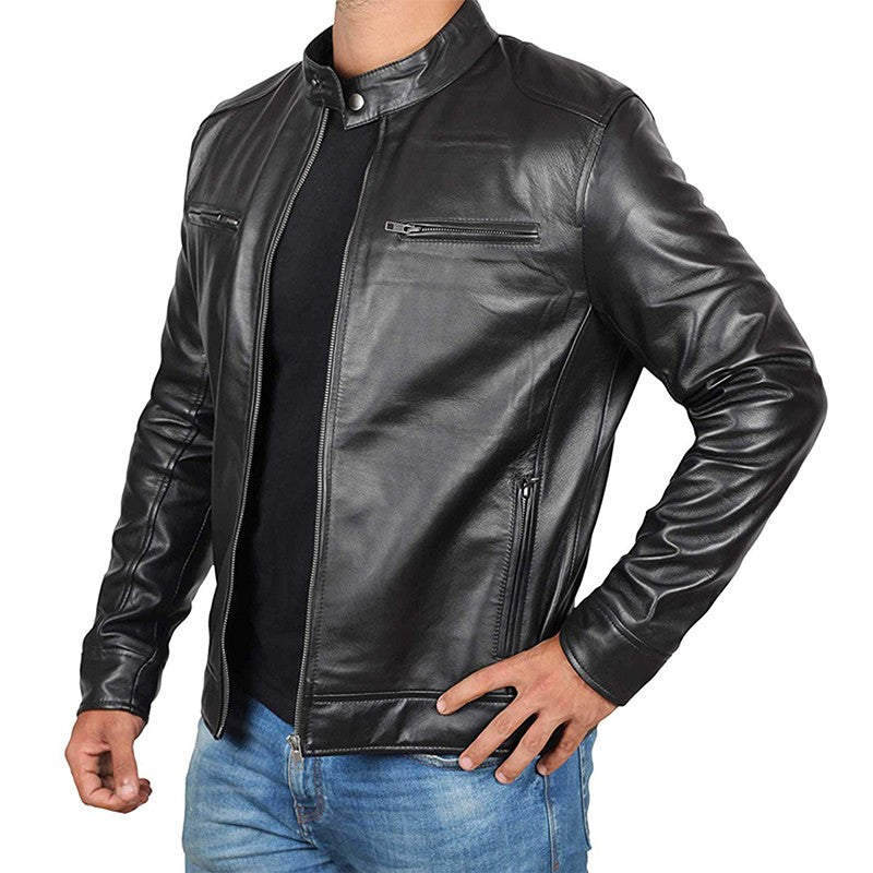 Men' s Retro Leather Jacket Stand Collar Biker Jacket Slim fit Multi-Pocket Coat Autumn Winter Outwear