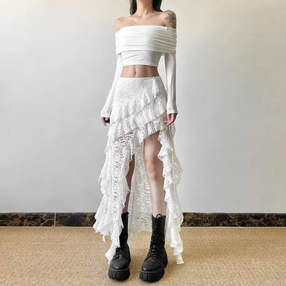 Gothic Skirt 2000s Summer Women's Clothes Gyaru Kpop Streetwear Lace High Waist Casual Aesthetic Long Skrit Femme Hip Hop Skirts