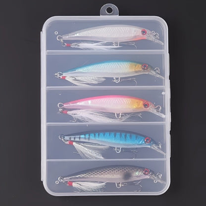 5pcs/set 9cm/6.5g Bionic Minnow Lure, Artificial Hard Bait With Feathered Sharp Hook, Outdoor Fishing Tackle