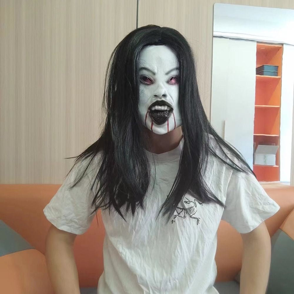 Latex Mask Scary Woman Masks Realistic Long Hair Party Cosplay Costume Ghostface Design Black Lips Creepier Headgear