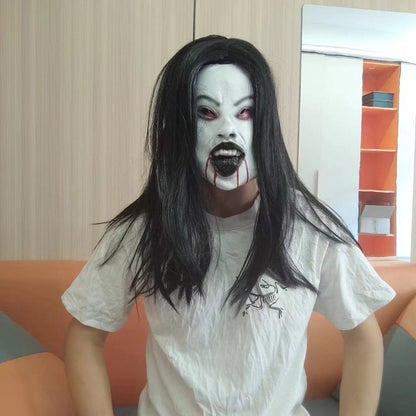 Latex Mask Scary Woman Masks Realistic Long Hair Party Cosplay Costume Ghostface Design Black Lips Creepier Headgear