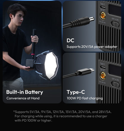 Ulanzi ML100Bi | ML100RGB Luz de Vídeo COB de 100W 2700K-6500K Bi-Color | Luz de Estúdio Fotográfico RGB 360° para Filmagem e Transmissão ao Vivo