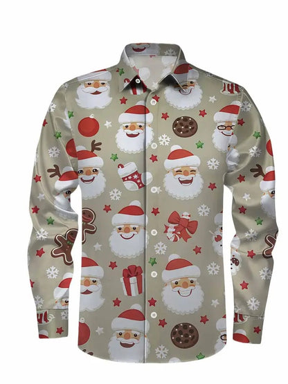 Christmas Men's 3D Printed Formal Shirt Santa Claus Elk Pattern Long Sleeve Shirt Fashion Men's Shirt