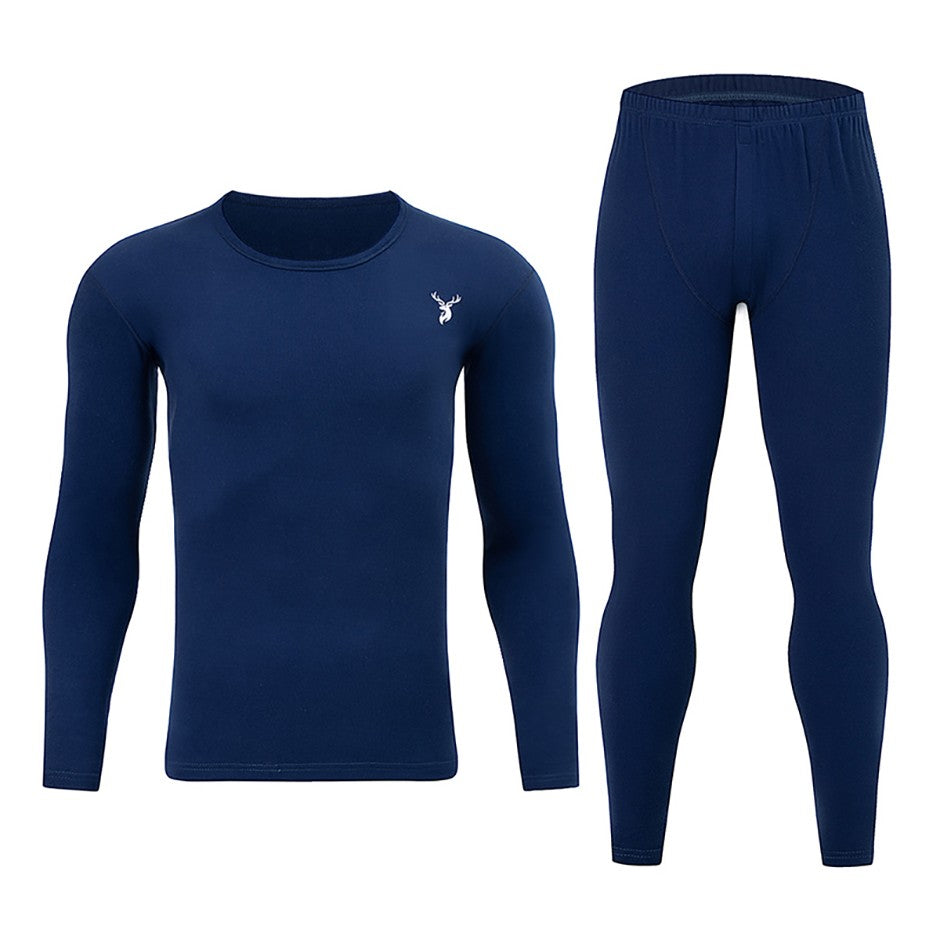 2-piece Autumn And Winter Men's Fashion Lucky Deer Pattern Solid Color Basic Warm Underwear Set Comfortable Long Sleeve Pants