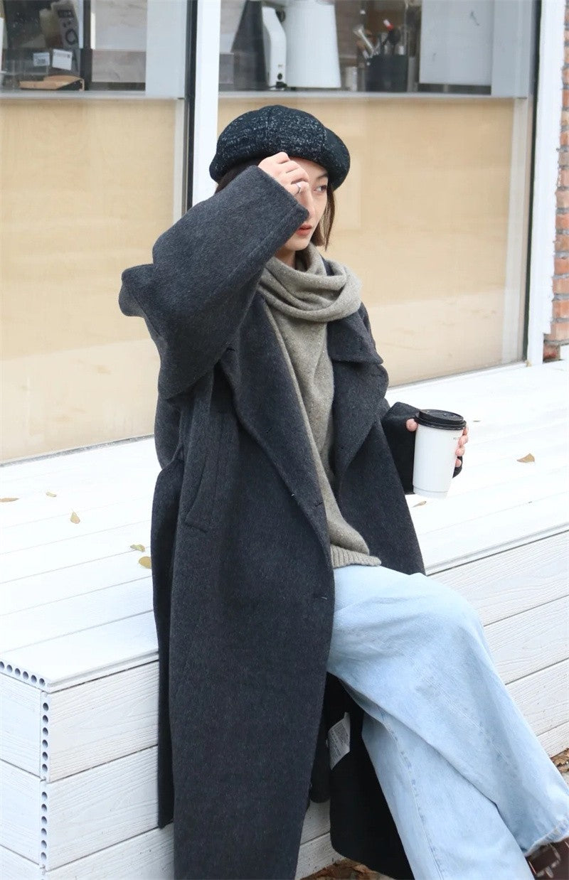 Women's Coat 2025 Autumn and Winter New Style Gray Long-Sleeve Belted Single-Breasted Stand Collar Loose Coat Fashionable