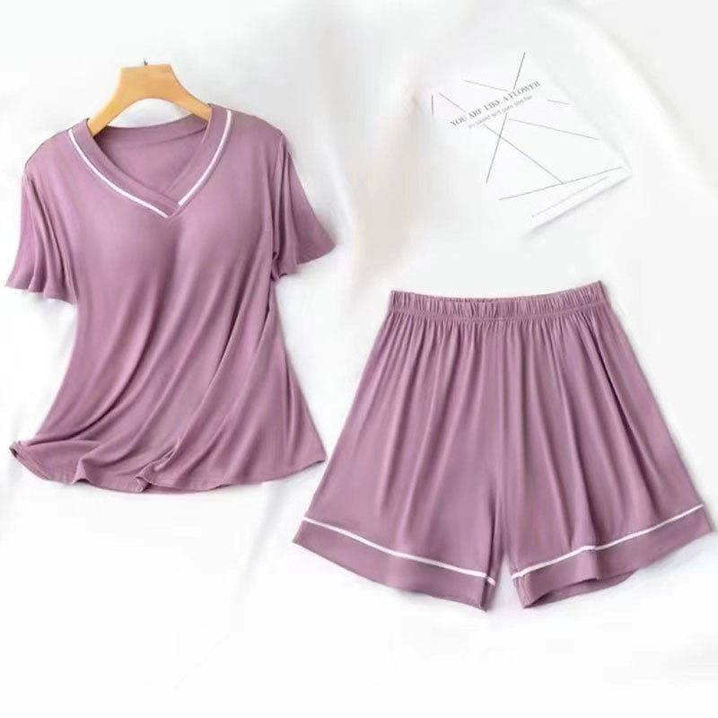 Sexy Nightwear Women Short Sleeves and Shorts with Chest Pads Pajamas Two-Piece Set of Comfortable Solid-Coloured Student Home W