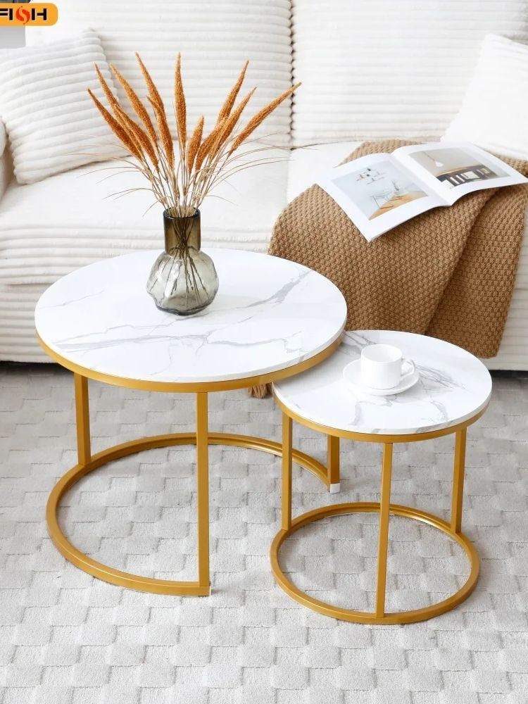 2Pcs Coffee Table Round 2 in 1 End Side Table Desk Nordic Marble Glass Home Sofa Tables Living Room Luxury Side Tables 60CM