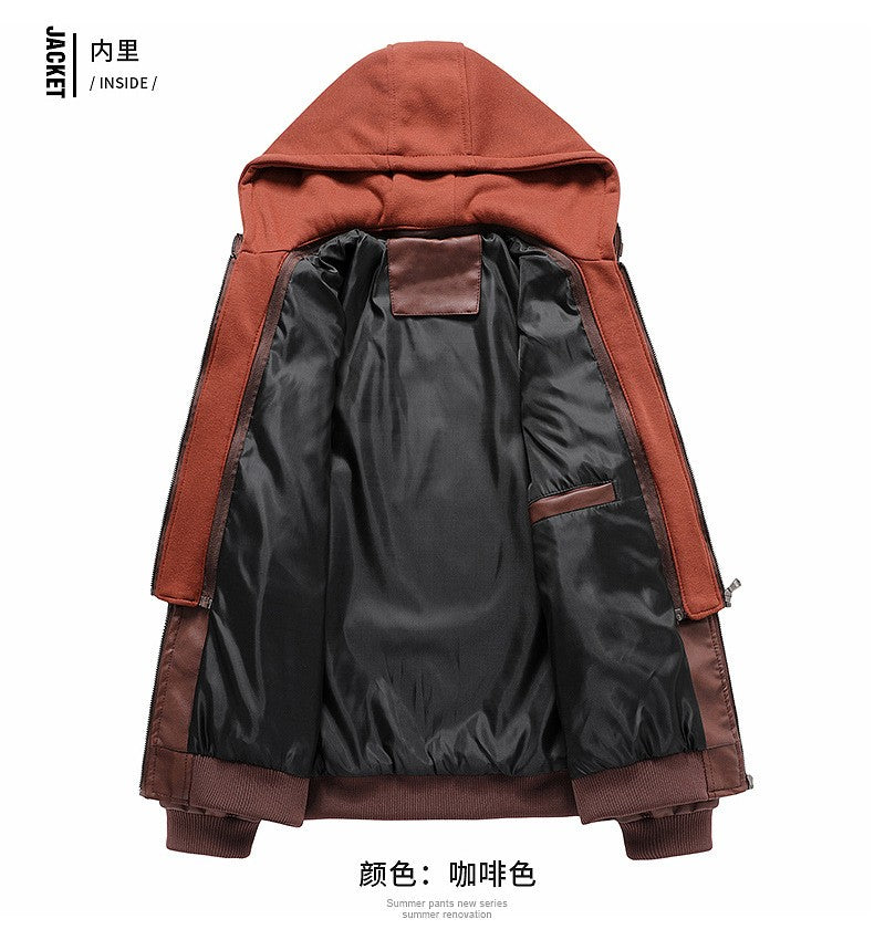 Men's Autumn Winter Casual PU Leather Hooded Zipper Warm Jackets Male Motorcycle Jacket Military Windbreaker Outdoor Coats