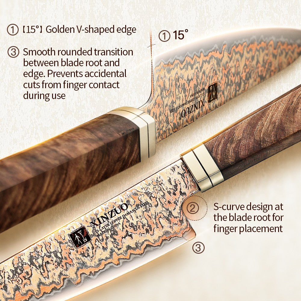 XINZUO Conjunto de 1-5 Peças de Facas para Legumes, Multiuso, Santoku, Chef, Bunka, Aço Damasco de Cobre Tricolor com 53 Camadas, Núcleo 12Cr18MoV, Dureza 60±2 HRC, com Caixa de Acácia