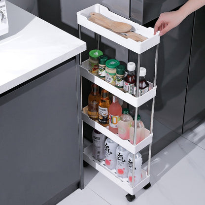 Rack de armazenamento móvel com 3/4 níveis para espaços estreitos, carrinho utilitário com rodinhas, prateleira organizadora fina para cozinha, banheiro e sala de estar