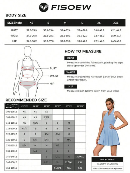 Fisoow Women's Tennis Skirt with Built in Shorts and Bra, Summer Backless Hanging Neck V-neck Yoga Golf Exercise Mini Dress