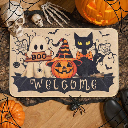 VIKAMA Halloween Welcome Mat Ghost Black Cat Indoor Outdoor Halloween Decorations Porch Entrance Hallway Kitchen Rug