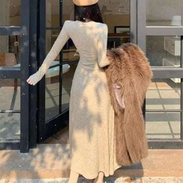 Long Sleeve Dresses Women Solid Slim Basic Mid-length All-match Elegant Autumn Winter Vestidos Female Defined Waist Knitting New