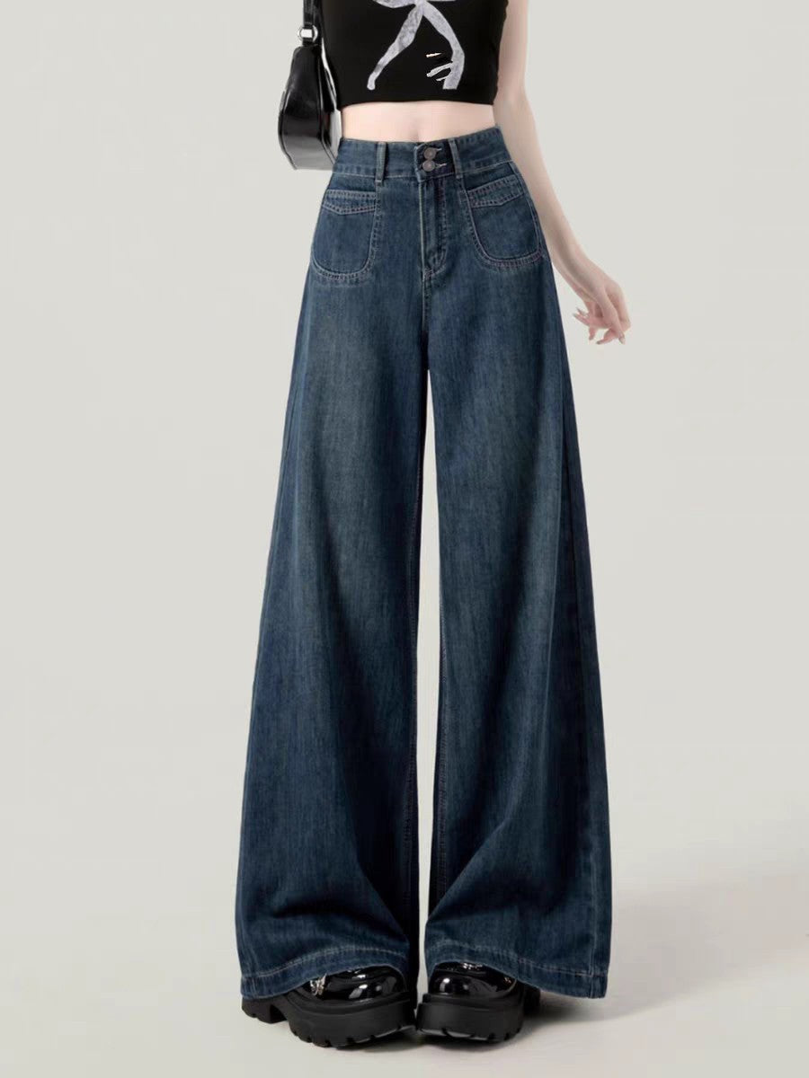 Casual Womens Jeans Autumn Winter High Waist Wide Leg Loose Trousers Vintage Heavyweight Lazy Drape Straight Long Pants