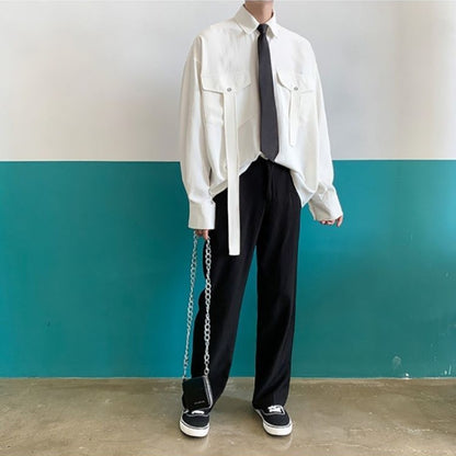 Gmiixder Cargo Long-sleeve Shirt with Tie Men's Oversize Kpop Shirt Korean Streetwear Versatile Motorcycle Pocket Streamers Coat