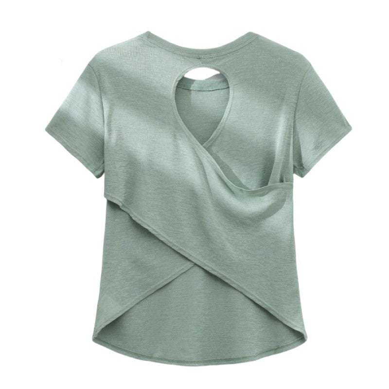 DRUR Gym Tops Women Lightweight Sweatshirt Summer Short Sleeve Quick Dry Fitness Running Tshirt Back Cross Hollow Yoga Wear New