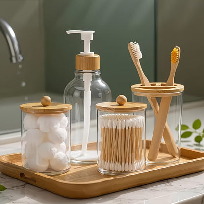 Boho Bathroom Accessories Sets Complete Bathroom Canister Accessory Set 4 Pcs, Clear Bath Soap Dispenser and Toothbrush Holder