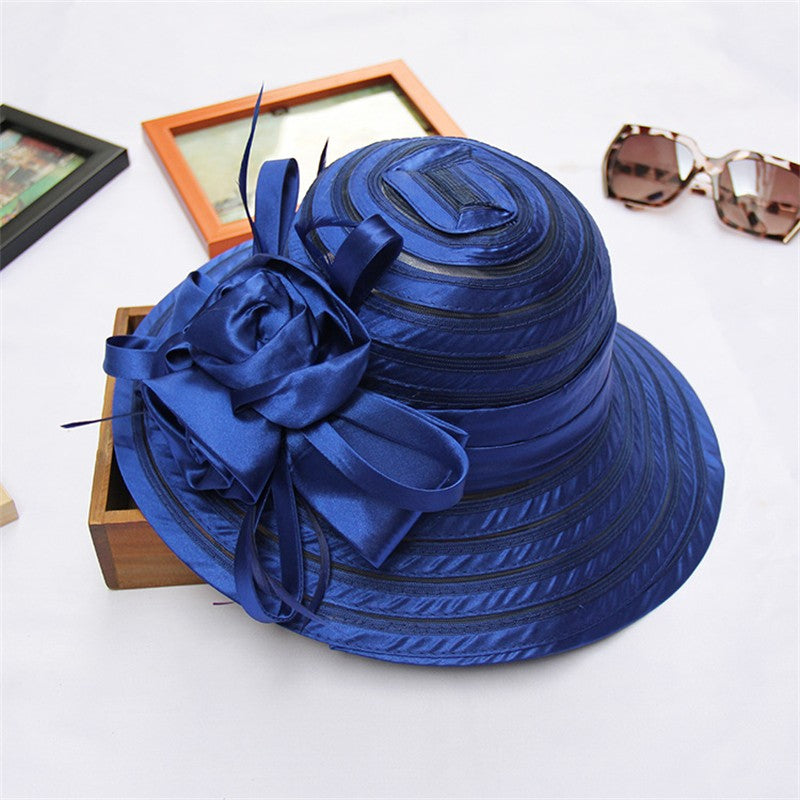 Chapéus de Sol de Organza Femininos Elegantes Chapéu Bucket para Mulheres Chapéu de Festa de Casamento na Igreja Chapéu Fedora Floral Grande de Aba Larga da Moda de Verão