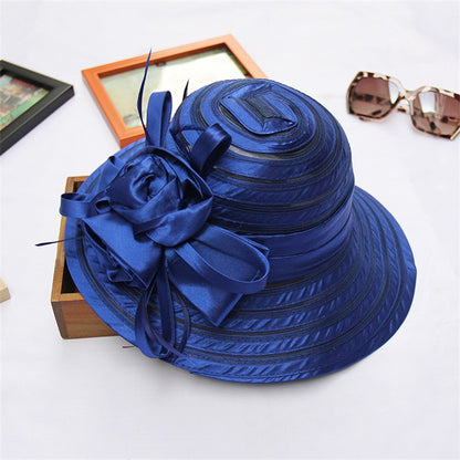 Chapéus de Sol de Organza Femininos Elegantes Chapéu Bucket para Mulheres Chapéu de Festa de Casamento na Igreja Chapéu Fedora Floral Grande de Aba Larga da Moda de Verão