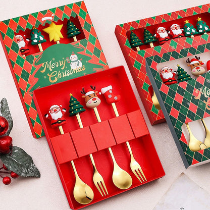 1 Set Christmas Fork And Spoon Tableware Gift Box , Stainless Steel Tableware, Coffee, Tea And Dessert Fork And Spoon