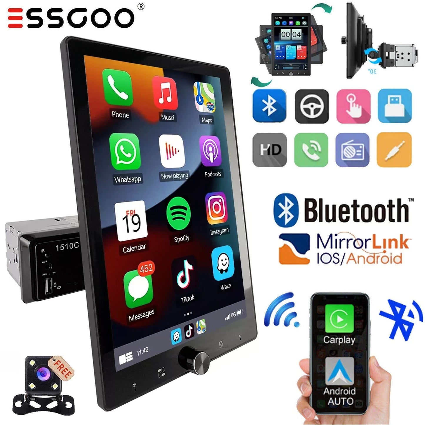 ESSGOO 10,4" Tela de Toque Rotativa IPS 1 Din Rádio Estéreo Multimídia Automotivo Sem Fio Apple CarPlay e Android Auto SWC FM