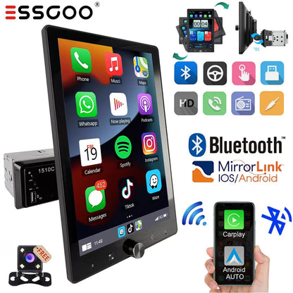 ESSGOO 10,4" Tela de Toque Rotativa IPS 1 Din Rádio Estéreo Multimídia Automotivo Sem Fio Apple CarPlay e Android Auto SWC FM