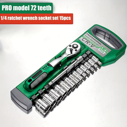 Jogo de Soquetes 72 Peças 1/4"-3/8"-1/2", Chave Catraca Compacta para Reparo Automotivo e Mecânico