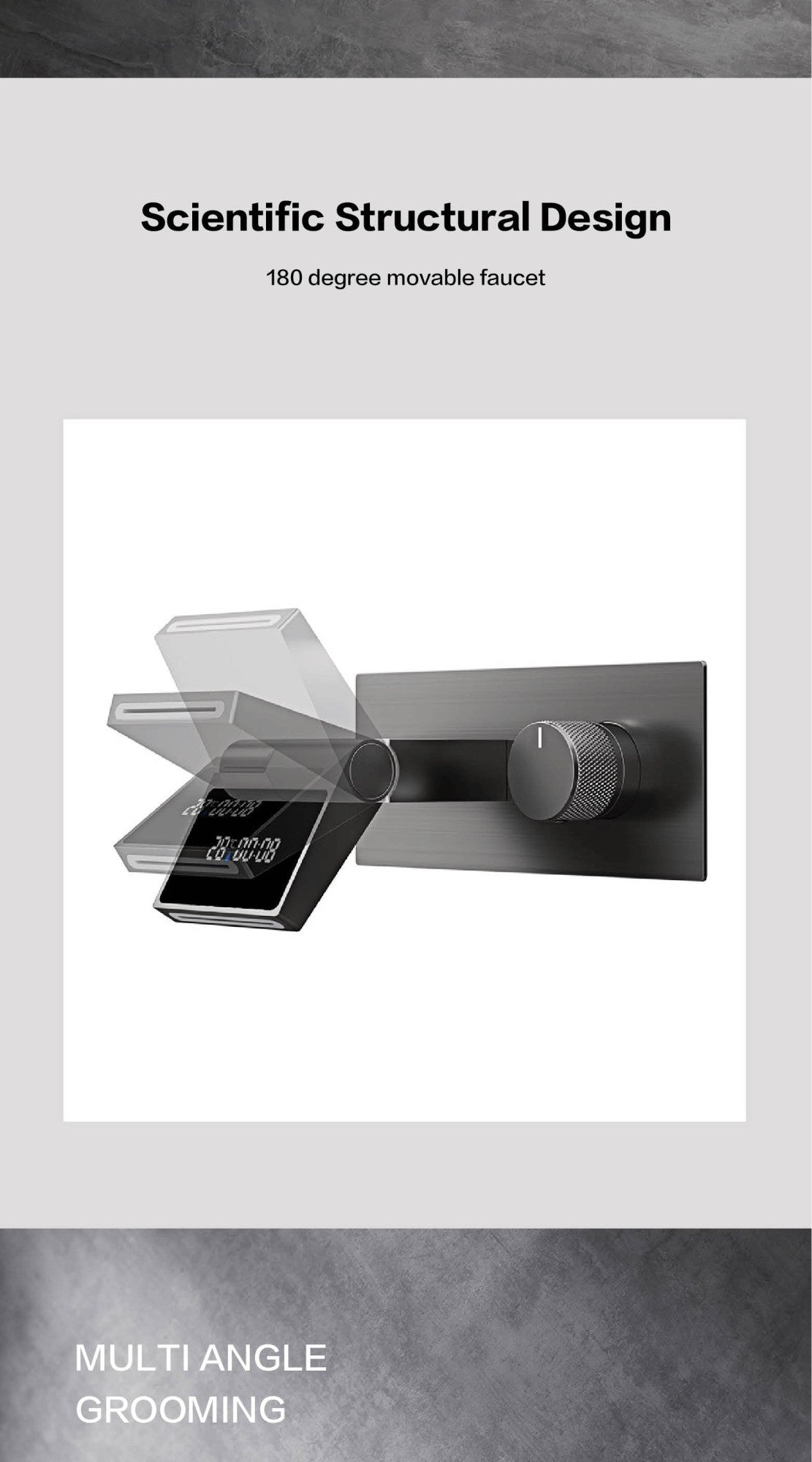 Torneira de banheiro de parede luxuosa de latão cinza chumbo com visor digital LED, misturador monocomando de água quente e fria embutido.