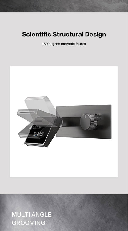 Torneira de banheiro de parede luxuosa de latão cinza chumbo com visor digital LED, misturador monocomando de água quente e fria embutido.