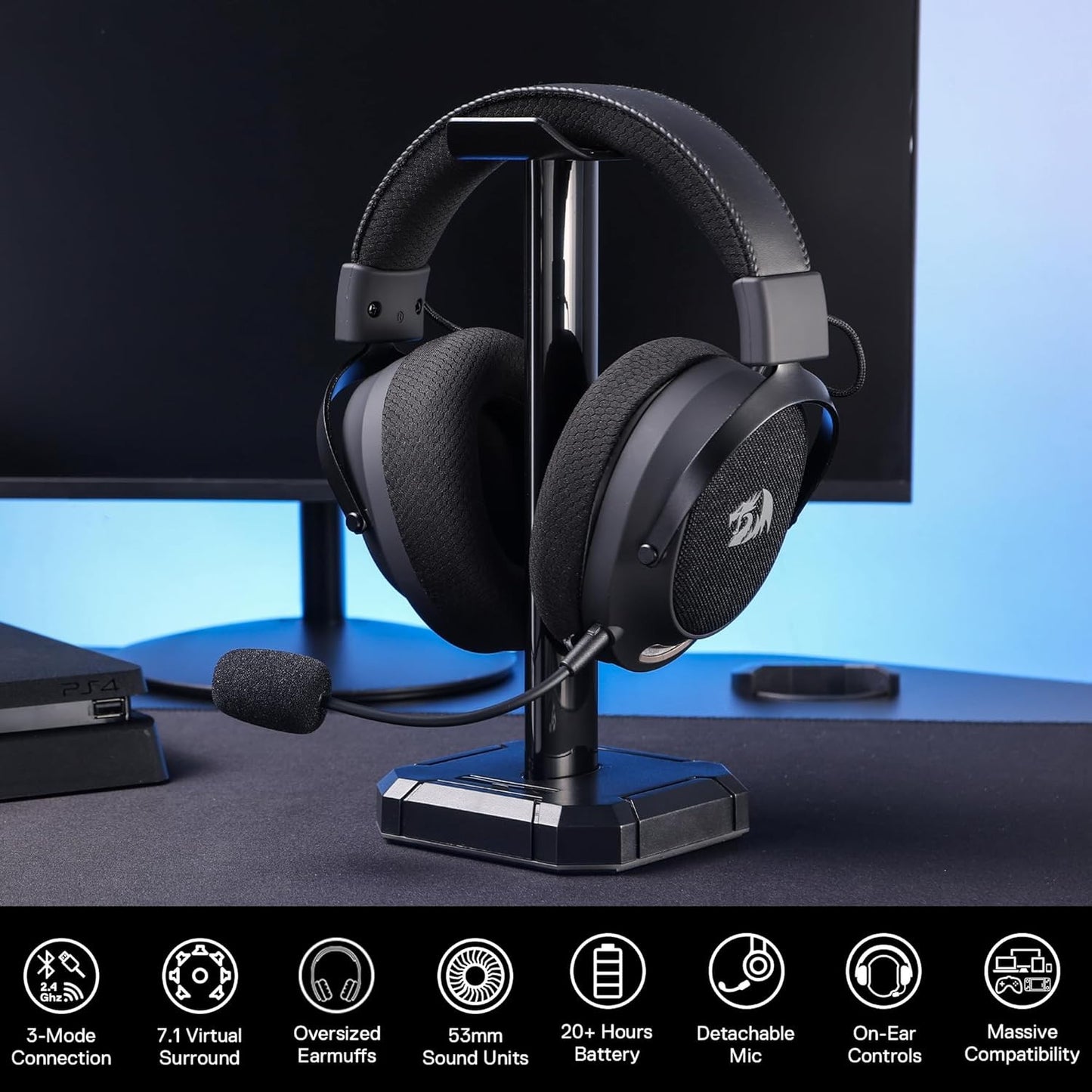 Headset Gamer Redragon H858, 2.4GHz/BT/Com Fio, Cinza