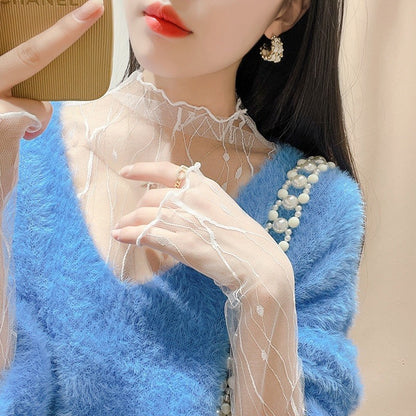 Lace Sheer Women‘s T-Shirt Fashion Mesh Summer Thin Bottom Shirt Transparent Long Sleeve Blouses Ladies Tops High Neck Tee Soli