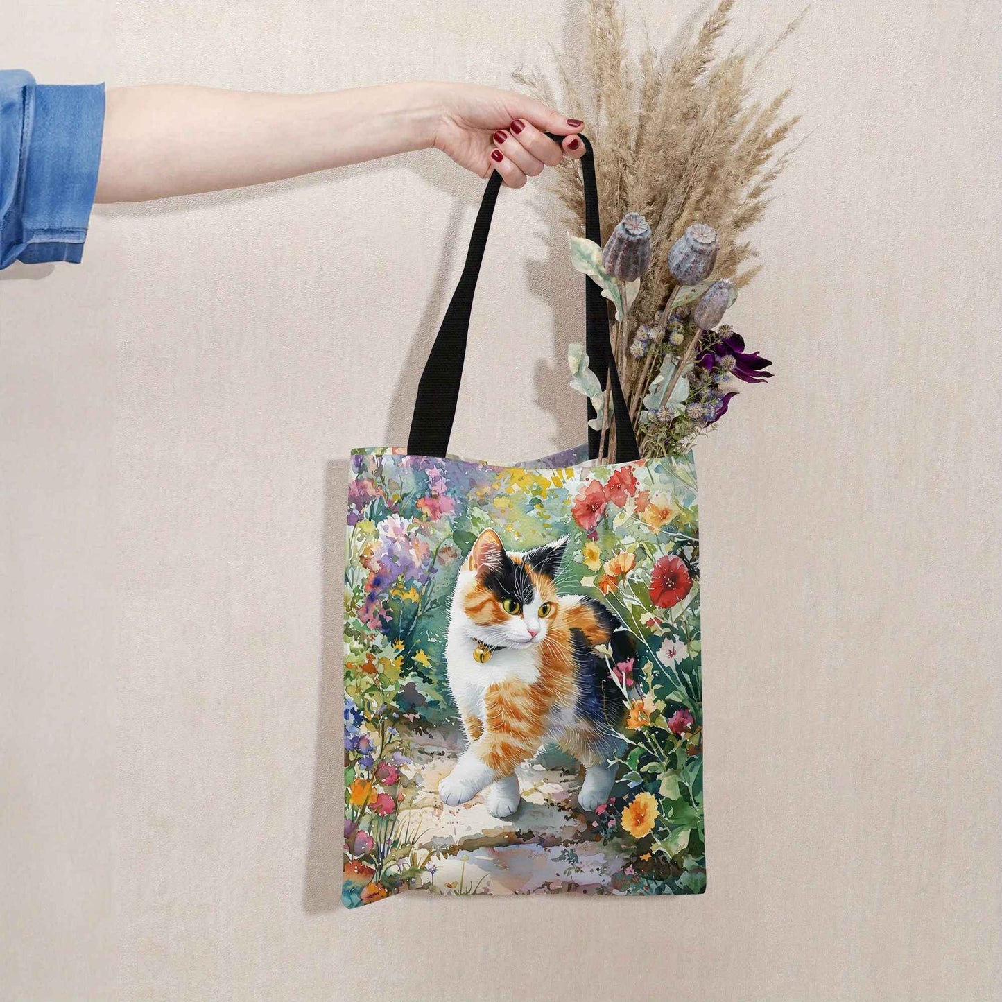 Watercolor Illustration of Cute Charming Calico Cat Print Shoulder Bag for Men Women Reusable Lightweight Portable Handheld Bag