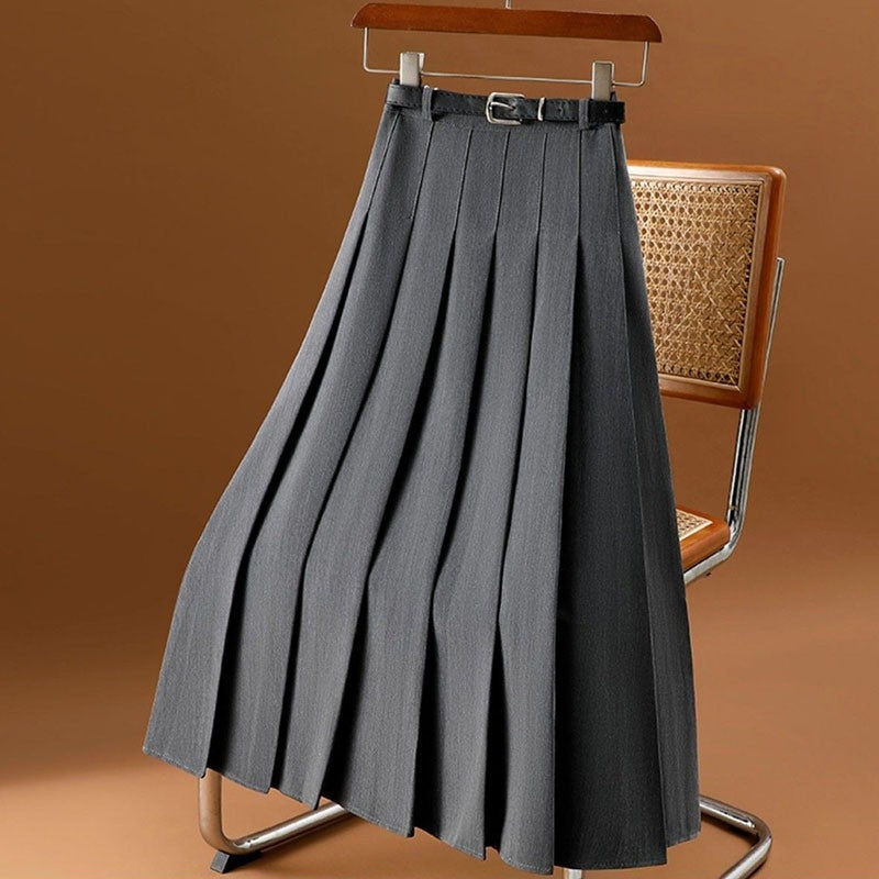 Lucyever All-Match Pleated Skirts Women Autumn Winter High Waist A-Line Folds Skirts Female Korean Fashion with Belt Midi Skirts