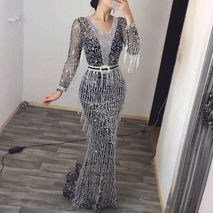 Women's Fashion New Long Sleeved Prom Dress Elegant Sexy Deep V Neck Sequined Fringed Long Slim Dresses Evening Party Dresses